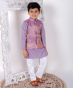 Superminis  Pure Cotton Full Sleeves Solid Kurta Pyjama With Dupion Silk Seamless Scallop Styles Ethnic Motif Designed Jacket - Purple