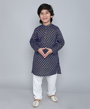 The Magic Wand Full Sleeves Floral Motif Printed Kurta & Pyjama Set - Blue