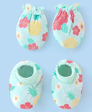 Babyhug 100% Cotton Knit Floral Printed Mittens & Booties - Blue