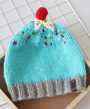 Woonie Cherry Applique Detailed Handmade Knitted Cap -  Blue