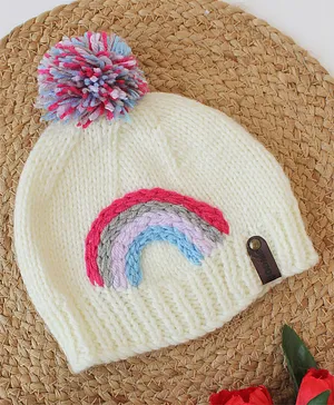 Woonie Handmade Rainbow Embroidered & Pom Pom Detailed   Cap - Cream