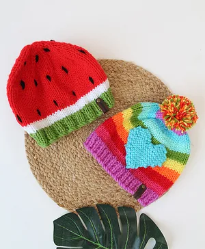 Woonie Watermelon & Heart Embroidered With Pom Pom Applique Detailed   Hand knitted  Caps - Red