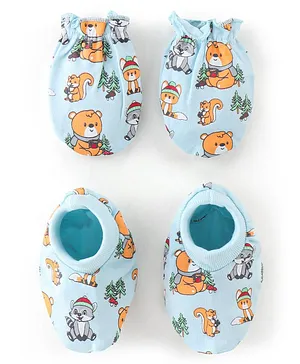 Babyhug 100% Cotton Knit Bear Printed Mittens & Booties - Blue