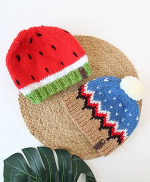 Woonie Set Of 2 Watermelon & Abstract Detailed Hand Knitted Caps - Red