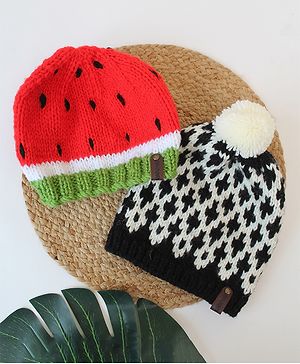 Woonie Set Of 2 Watermelon & Abstract Detailed Hand Knitted Caps -  Black