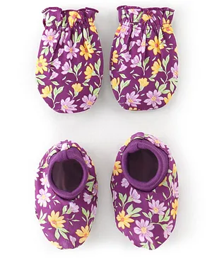Babyhug 100% Cotton Knit Floral Printed Mittens & Booties - Purple