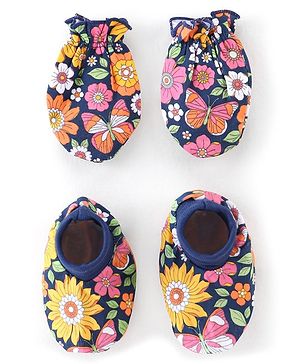 Babyhug 100% Cotton Knit Floral Printed Mittens & Booties - Navy Blue