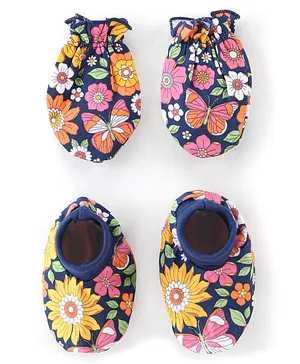 Babyhug 100% Cotton Knit Floral Printed Mittens & Booties - Navy Blue