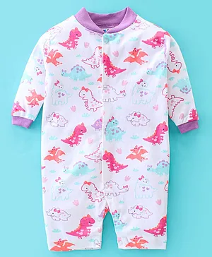 Kidi Wav Full Sleeves All Over Baby Dinosaurs Printed Romper - White & Pink