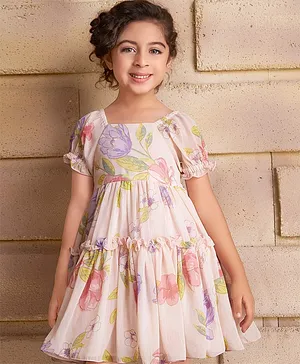 Soleilclo Half Puff Sleeves Floral Printed Gathered Chiffon Dress - Pink