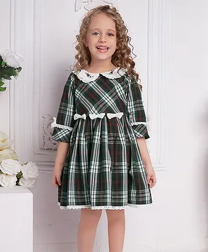 Soleilclo  Three Fourth Sleeves Hand Embroidered & Tartan Checked  Dress - Black