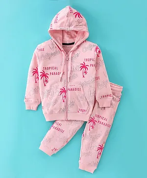Doreme Terry Cotton Full Sleeves Winter Wear Hoodie & Lounge Pant Set Tropical Print - Crystal Pink
