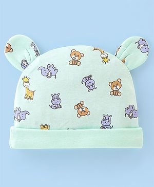 Babyhug 100% Cotton Free Size Cap With Animals Print - Sea Green