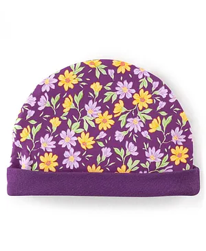 Babyhug 100% Cotton Knit Floral Print Cap - Purple