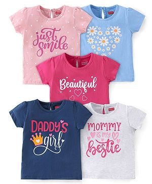 Babyhug 100% Cotton Knit Half Sleeves Tee With Floral & Text Graphics Pack of 5- Pink Grey & Blue