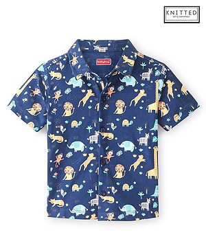 Babyhug 100% Cotton Knit Half Sleeve Shirt With Animals Print - Navy Blue