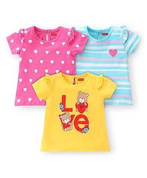 Babyhug 100% Cotton Knit Half Sleeves T-Shirt With Star & Bear Graphics Pack Of 3 - Yellow Pink & Blue