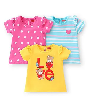 Babyhug 100% Cotton Knit Half Sleeves T-Shirt With Star & Bear Graphics Pack Of 3 - Yellow Pink & Blue
