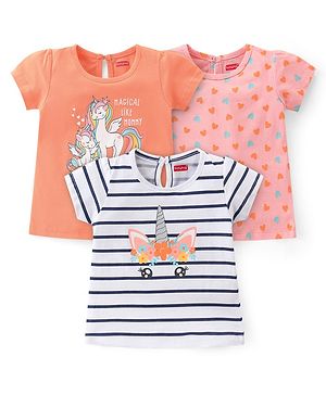 Babyhug 100% Cotton Knit Half Sleeves T-Shirts With Stripe & Unicorn Graphics Design Pack of 3 - Multicolor