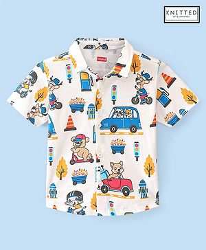 Babyhug 100% Cotton Knit Half Sleeve Shirt With Teddy Print - White