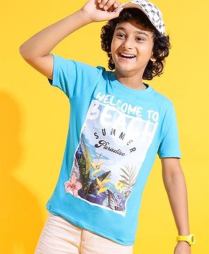 Pine Kids Cotton Knit Half Sleeves T-Shirts Beach Print- Blue