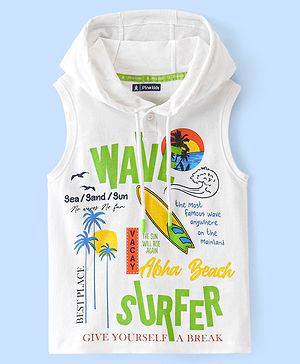 Pine Kids 100% Cotton Sleeveless Hooded T-Shirt With Text Print - White