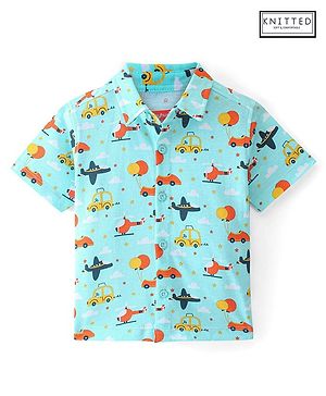 Babyhug Knitted Half Sleeve Regular Collar Vehicles Printed Shirt - Blue