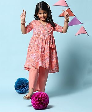 BIBA Half Sleeves  Seamless Floral Printed & Gota Lace Embellished  Straight Kurta With Palazzo Set - Peach