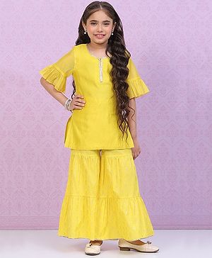 BIBA Half Bell Sleeves Floral Foil Printed & Gota Lace Embellished Straight Kurta Set -Yellow