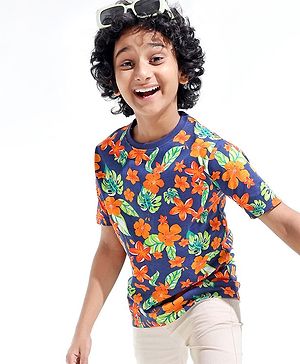Pine Kids 100% Cotton Half Sleeves T-Shirt Floral Print - Blue Depth