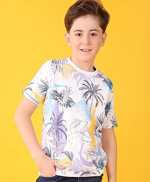 Pine Kids Cotton Half Sleeve T-Shirt With Tropical Print - Snow White