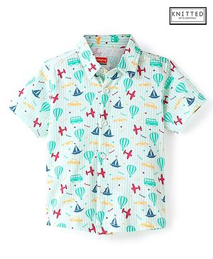 Babyhug Cotton Knit Half Sleeves Planes Printed Shirt - Blue