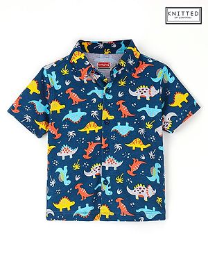 Babyhug Cotton Knit Half Sleeves Dino Printed Shirt - Navy Blue
