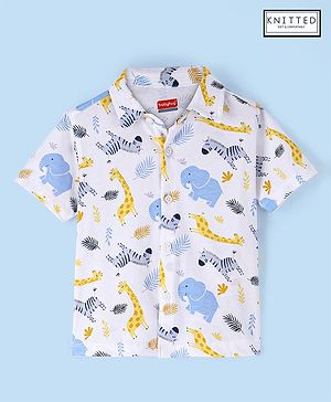 Babyhug Cotton Knit Half Sleeves Giraffe Printed Shirt - White