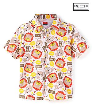 Babyhug Cotton Knit Half Sleeves Lion Printed Shirt - White & Beige