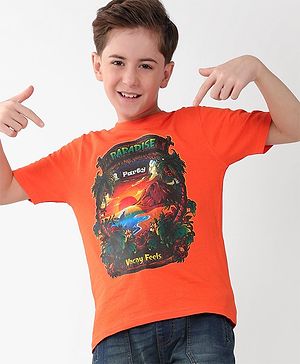 Pine Kids 100% Cotton Half Sleeves T-Shirt Jungle Print - Orange