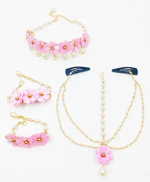 Lime By Manika Set Of 4 Champa Floral Applique Detailed Head Chain Bracelets & Necklace Set - Light Pink & Gold