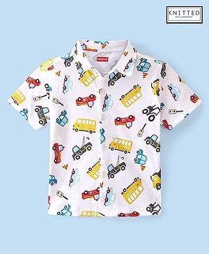 Babyhug 100% Cotton Knit Half Sleeve Shirt With Bus Print - White
