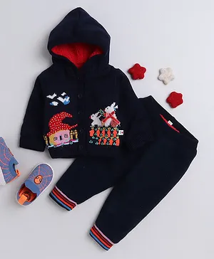 Babyhug Knitted Full Sleeves Sweater Set Rabbit Design - Navy Blue