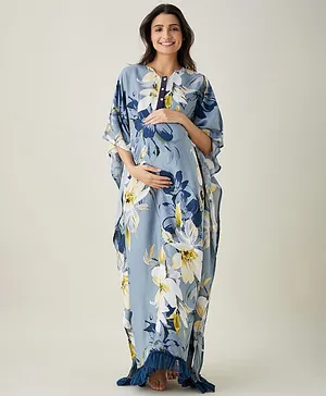 The Kaftan Company Three Fourth Sleeves Floral  Printed Maternity Kaftan  With Nursing Access - Blue