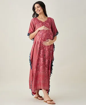 The Kaftan Company Three Fourth Sleeves Floral Printed Maternity Kaftan With Nursing Access - Red