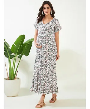 The Kaftan Company Half Sleeves Seamless Floral Printed Maternity Dress With Nursing Access - White