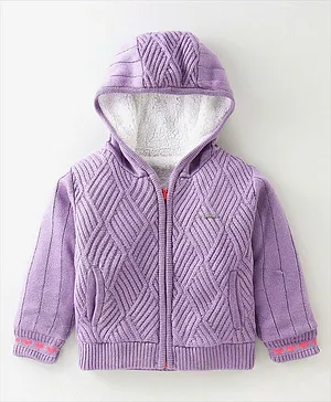 Yellow Apple  Full Sleeves Hooded Front Open Sweater Cable Knit Design  - Lilac