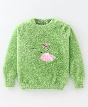 Yellow Apple Full Sleeves Pullover Sweater Girl Print with Embellishments - Lime Green