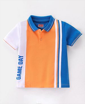 Babyhug Cotton Half Sleeves Polo T-Shirt With Text Graphics & Football Applique on Sleeve - Orange & Blue