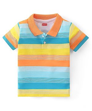 Babyhug 100% Cotton Knit Half Sleeves Striped Polo T-Shirt- Multicolor
