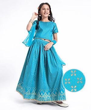 Pine Kids Woven Half Sleeves Lehenga Choli Set With Foil Print & Embroidered - Blue