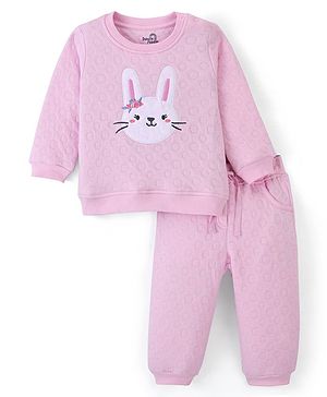 Doodle Poodle Full Sleeves Winter Wear T-Shirt & Lounge Pant Set with Bunny Patch -Pink