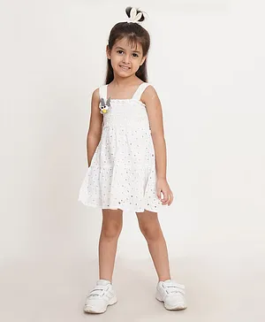Creative Kids Sleeveless Smocked Bodice Detailed & Schiffli Embroidered Fit & Flare Dress - White