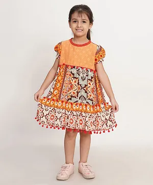 Creative Kids Half Sleeves Seamless Patola Style Design Printed & Lace Embellished A Line Dress - Yellow & Red